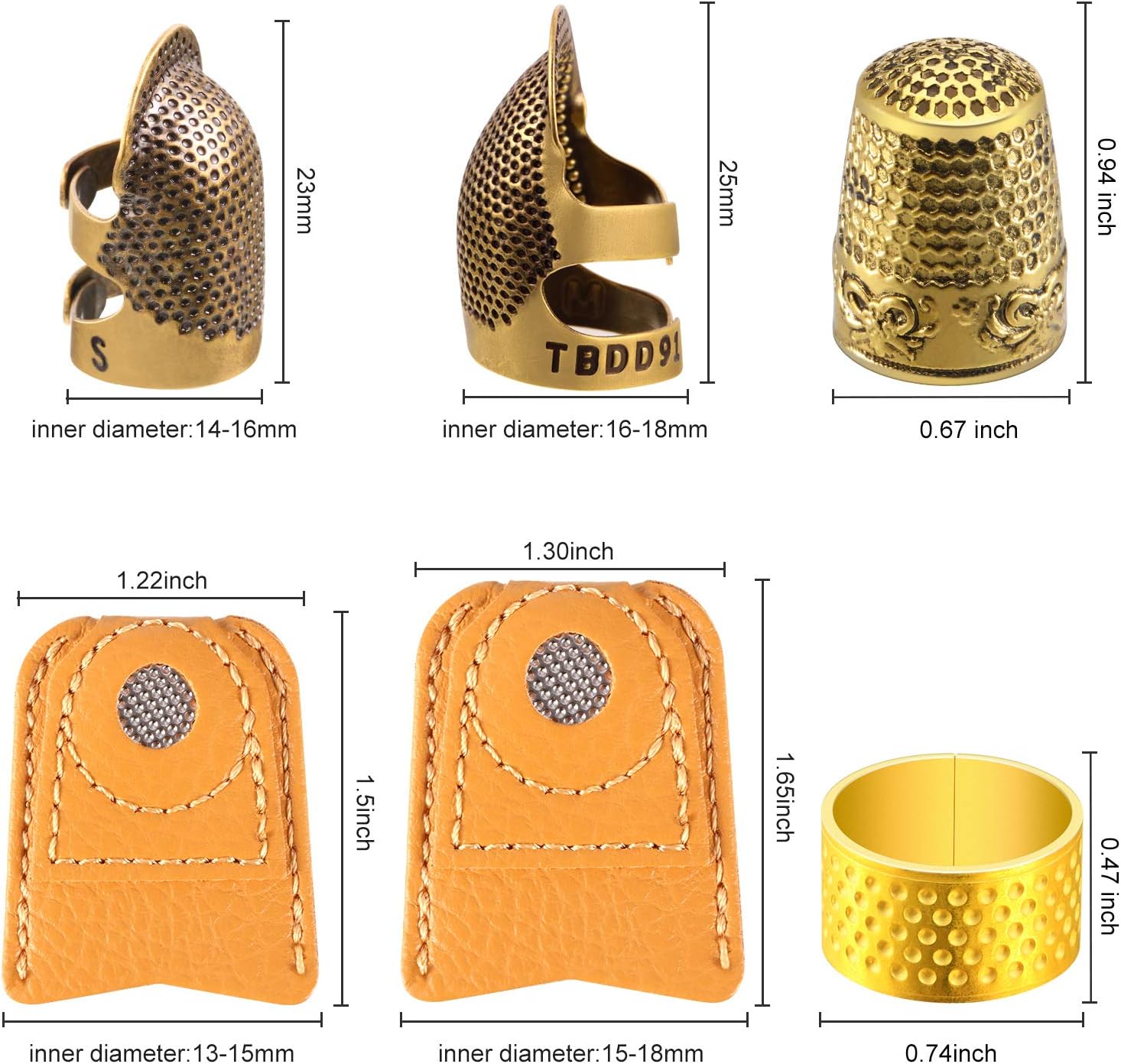 6 Pieces Copper Sewing Thimble Adjustable Sewing Thimble Rings Cap Artificial Leather Coin Finger Protectors Metal Shield for DIY Sewing Embroidery Hand Knitting Quilting Craft Tools