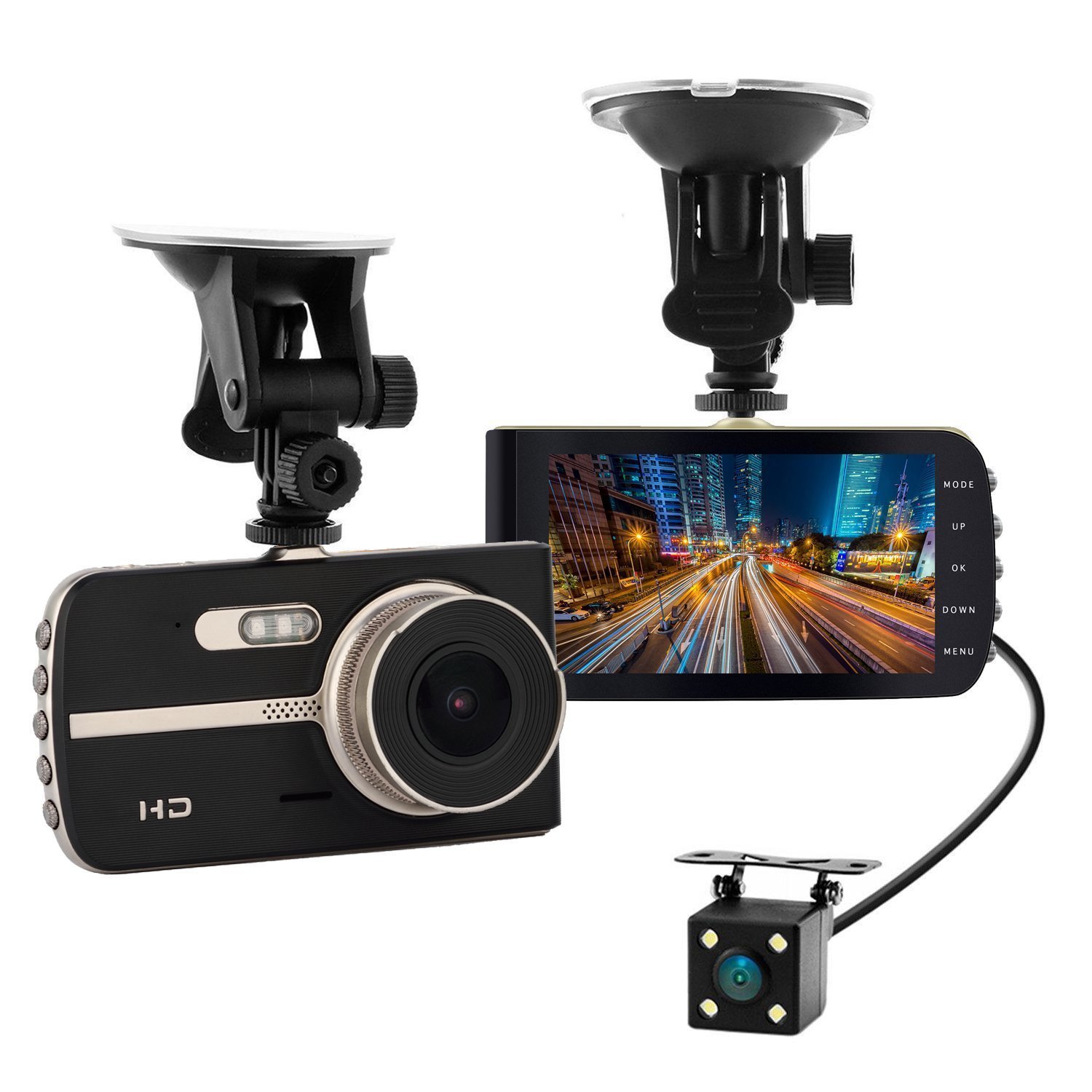 Car Dash Cam 4'' IPS Screen FHD 1080P Front + Rear Car Dash Cam with G-Sensor, Motion Detection, Parking Mode,Super Night Vision