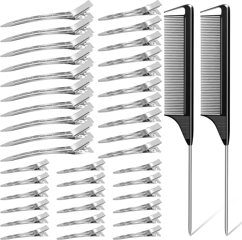 70PCS Metal Hair Styling Clips Set with Rat Tail Combs for Styling | No-Crease Alligator Clips in 3 Sizes, 2 Carbon Combs & Case, for Coloring, Braiding, Locs, & All Hair Types