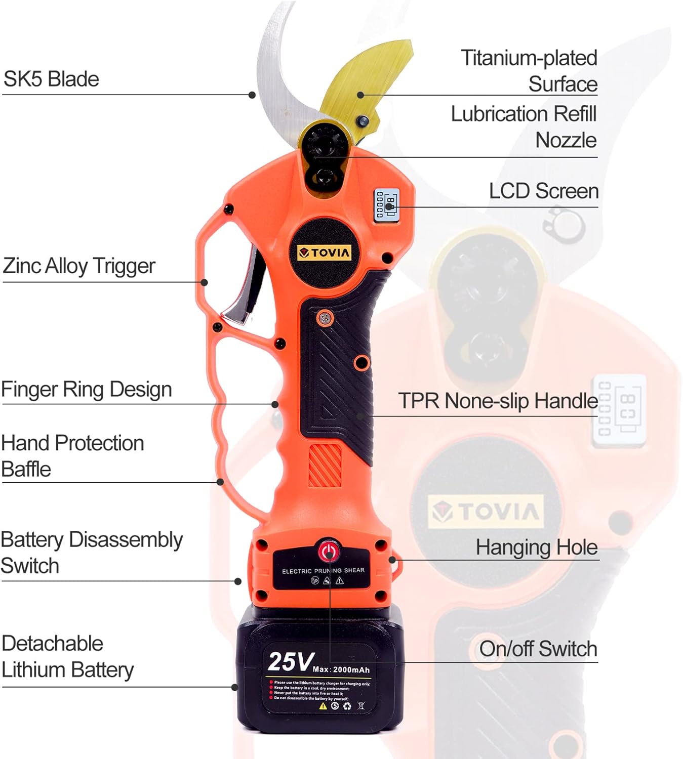 T TOVIA Professional Cordless Electric Pruning Shears, 25V Battery Powered Garden Tree Trimmer with Brushless Motor, 1 Lithium Battery, 40mm Cutting Diameter, LCD Power Display