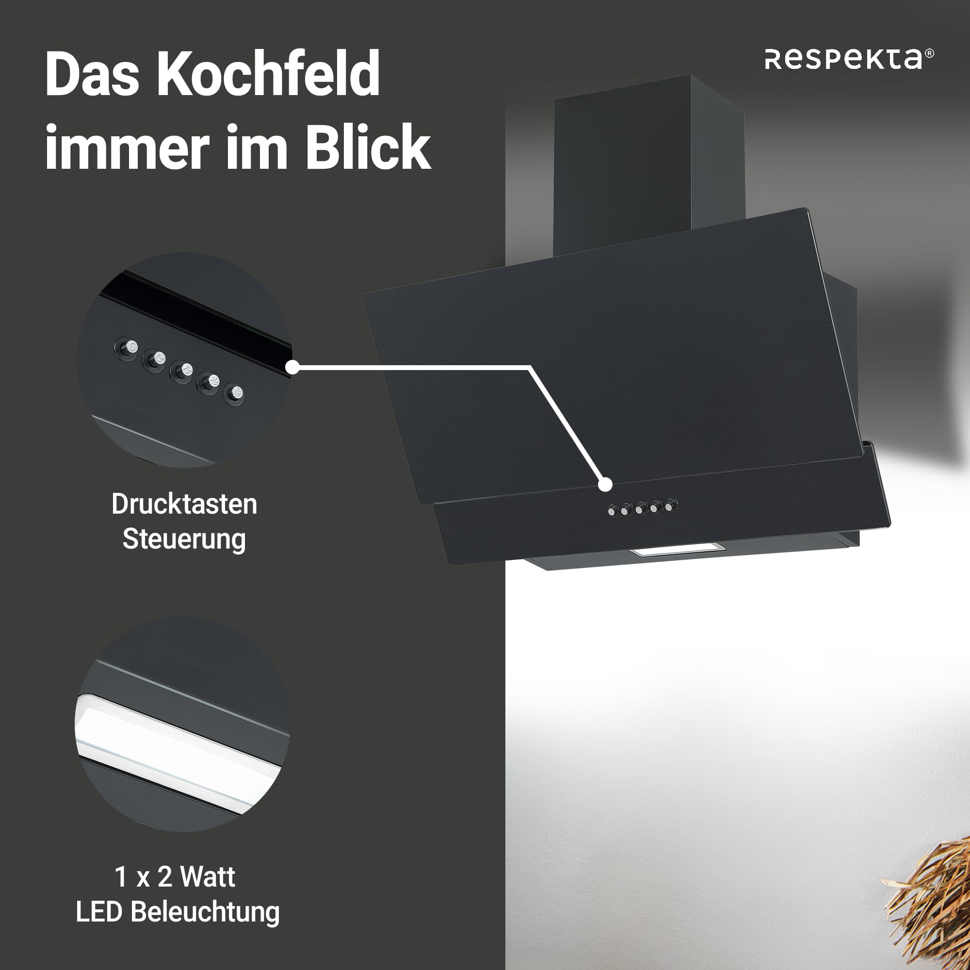 Respekta Dunstabzugshaube in matt schwarz mit Glasschirm/Kopffreie Schräghaube 60 cm/A+ / Abluft- und Umluftbetrieb/Luftstrom 297,9 m³/h / 47–67 dB / CH35060MS-19