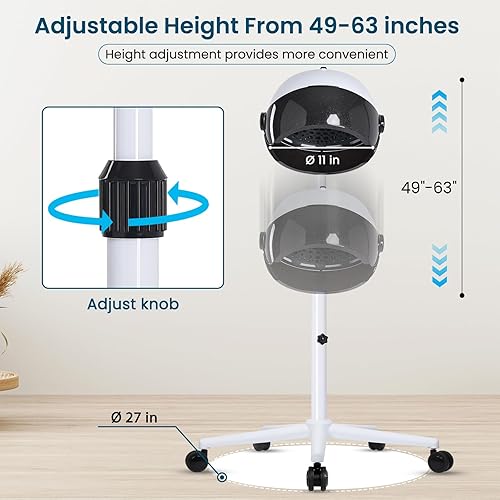 Miniatura 4 de Secador de pelo con capucha, Secador de campana profesional sobre ruedas, Sentarse debajo de la secadora, Secador de pelo de pie, Blanco