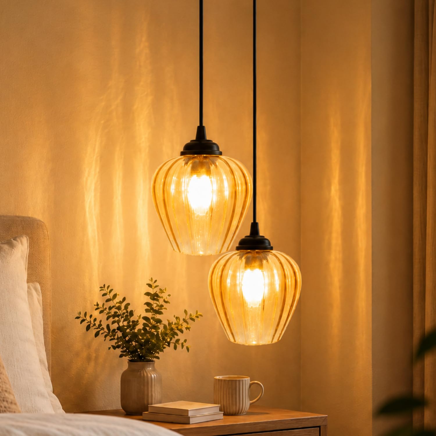 Pendant Light, Amber Glass Cluster Chandelier, Black Antique Finish, for Bedroom, Living Room, Dining Area, Restaurant-image-4