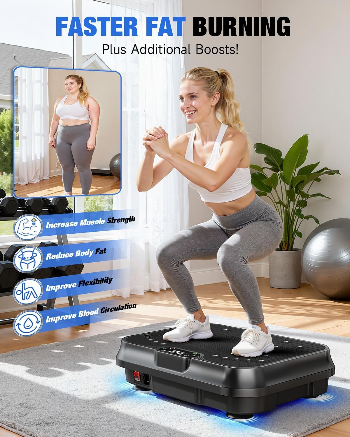 Bigzzia Macchina per esercizi con piastra vibrante, 10 modalità, piattaforma di allenamento a vibrazione con fasce ad anello, corda per saltare, altoparlante Bluetooth, attrezzatura per allenamento a