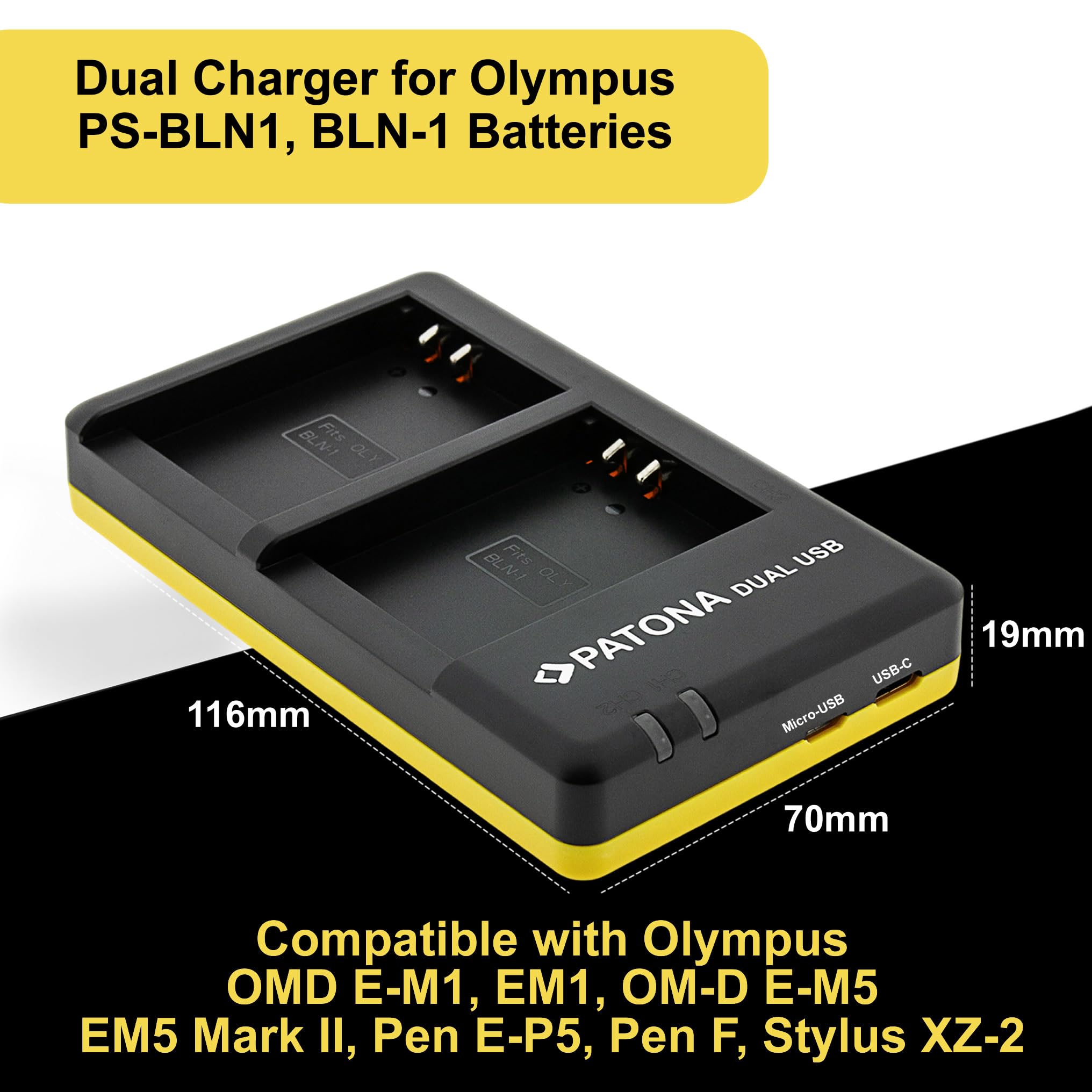 PATONA USB-C Chargeur Double pour BLN-1 Batterie Compatible avec Olympus OMD Om-D E-M1 EM1 E-M5 EM5 E-M5 Mark II Pen E-P5 EP5 Pen F Stylus XZ-2 XZ2 PSBLN1 BLN1 BL-N1