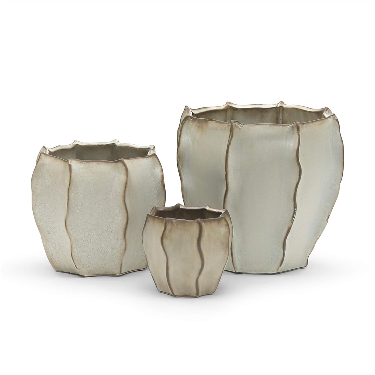 WGV Ceramic Vase, Width 7.6", Height 7", Antique Beige Coral Pot, Rivet Tan Patina with Wave Planter Bowl for Wedding Event Office Home Decor, 1 Piece