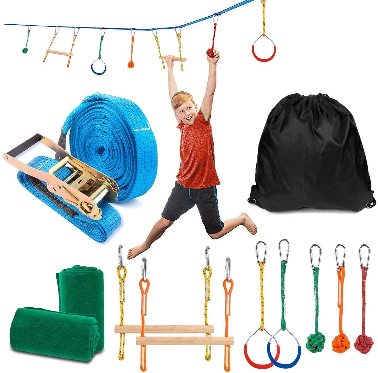 MAXSTRENGTH X Ninja Obstacle Course Kit for Kids Outdoor Ninja Warrior Playground Training Equipment's Backyard Monkey Bar with Most Complete Accessories, Monkey Bars, Rope Ladder, Monkey Fist, Rings