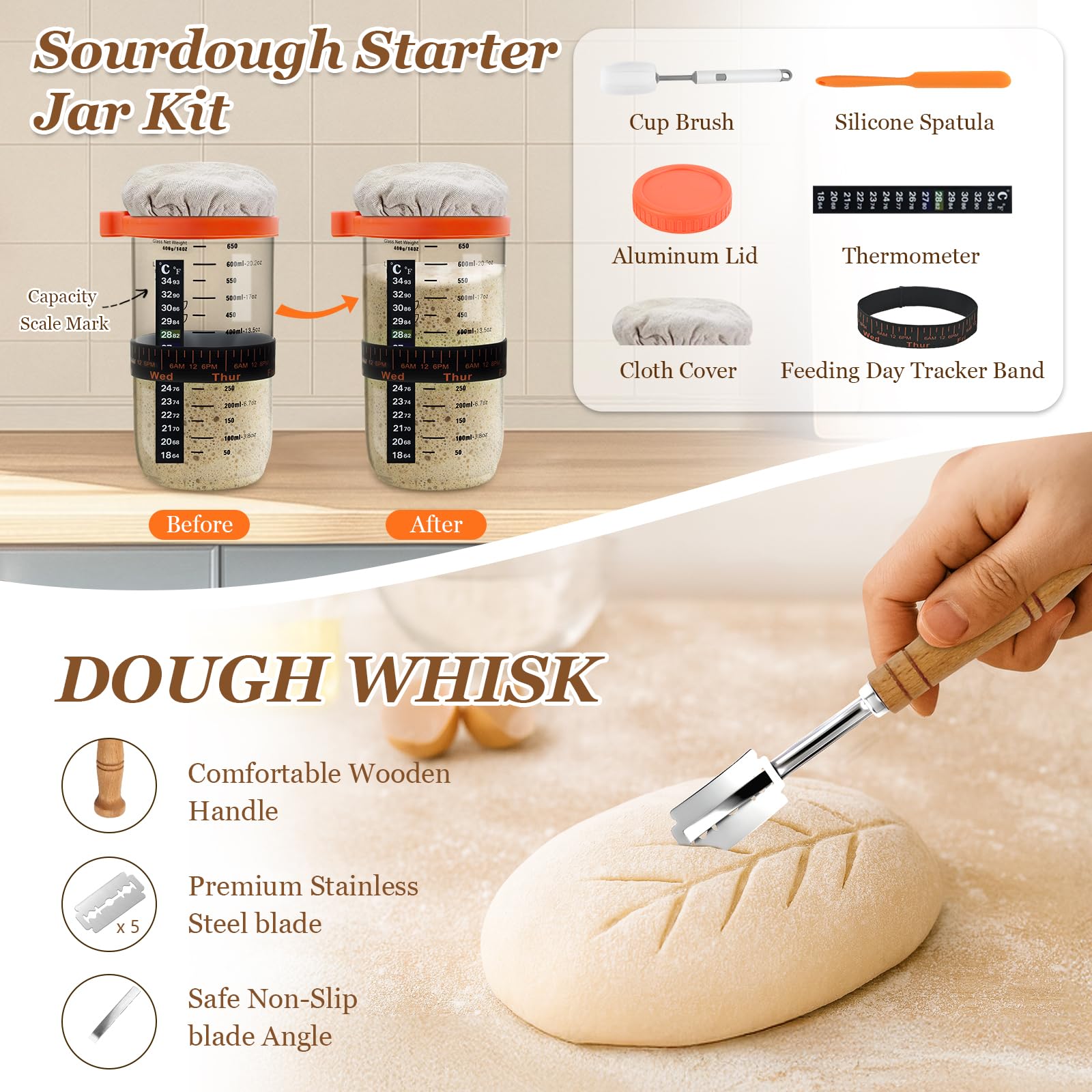 Sauerteig-Brotbackzubehör, Sauerteig-Starter-Set, 22,9 cm, runder Banneton-Brotgärkörbchen mit 680 ml Glas, Sauerteig-Werkzeuge mit dänischem Teigbesen und Schaber