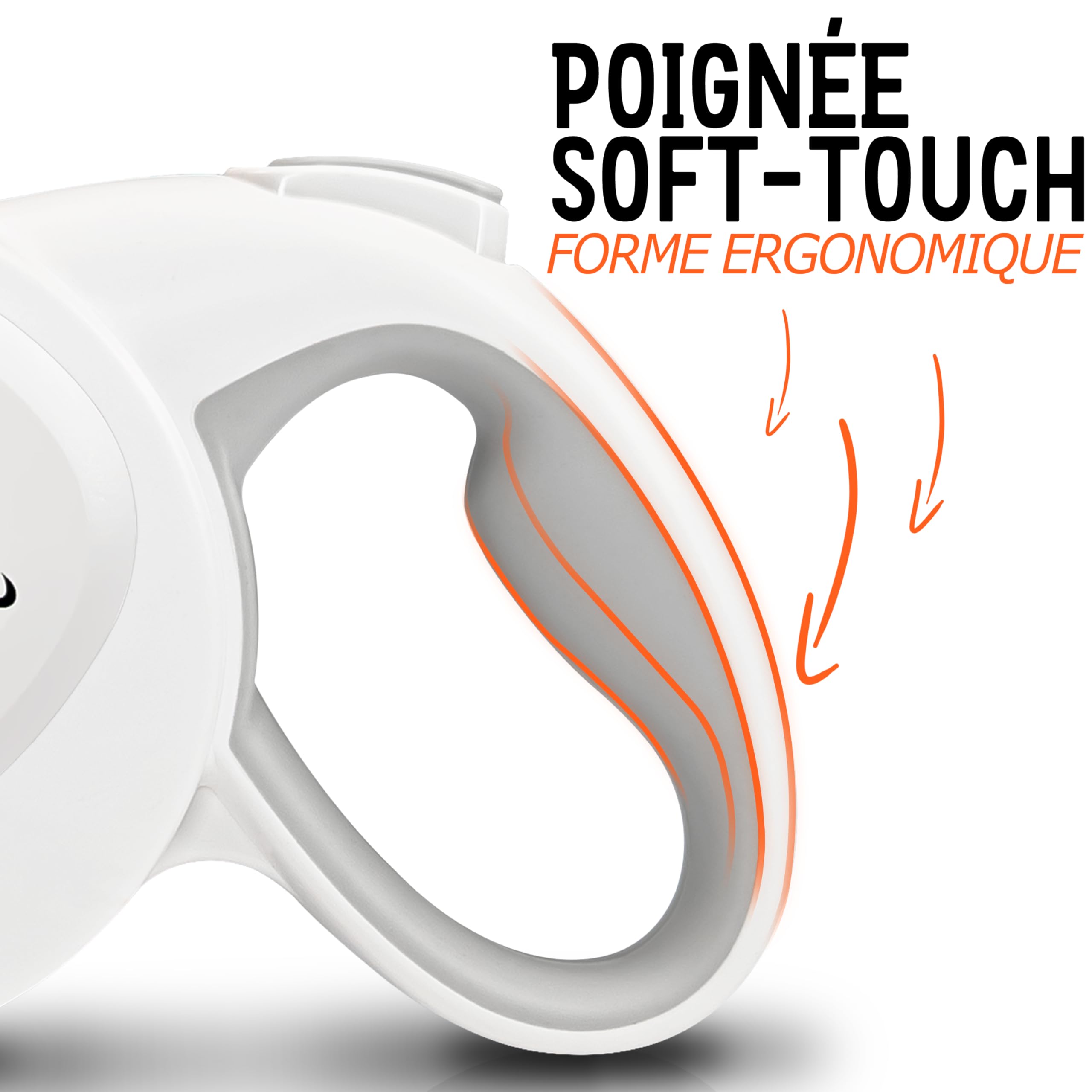 Laisse pour Chiens Grands jusqu'à 50kg, 8m Longue Longe Chien, Enrouleur de Sangle avec Orange Bande Lumineux et Mousqueton 360° Métal, Frein de Rétraction, Poignée Ergonomique, Blanc