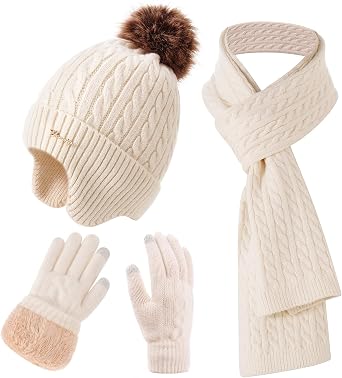 Winter Hat Scarf Gloves Set for Women, Classic Cable Beanie with Removable Pom Pom Long Scarf Touchscreen Gloves 3 in 1 Set