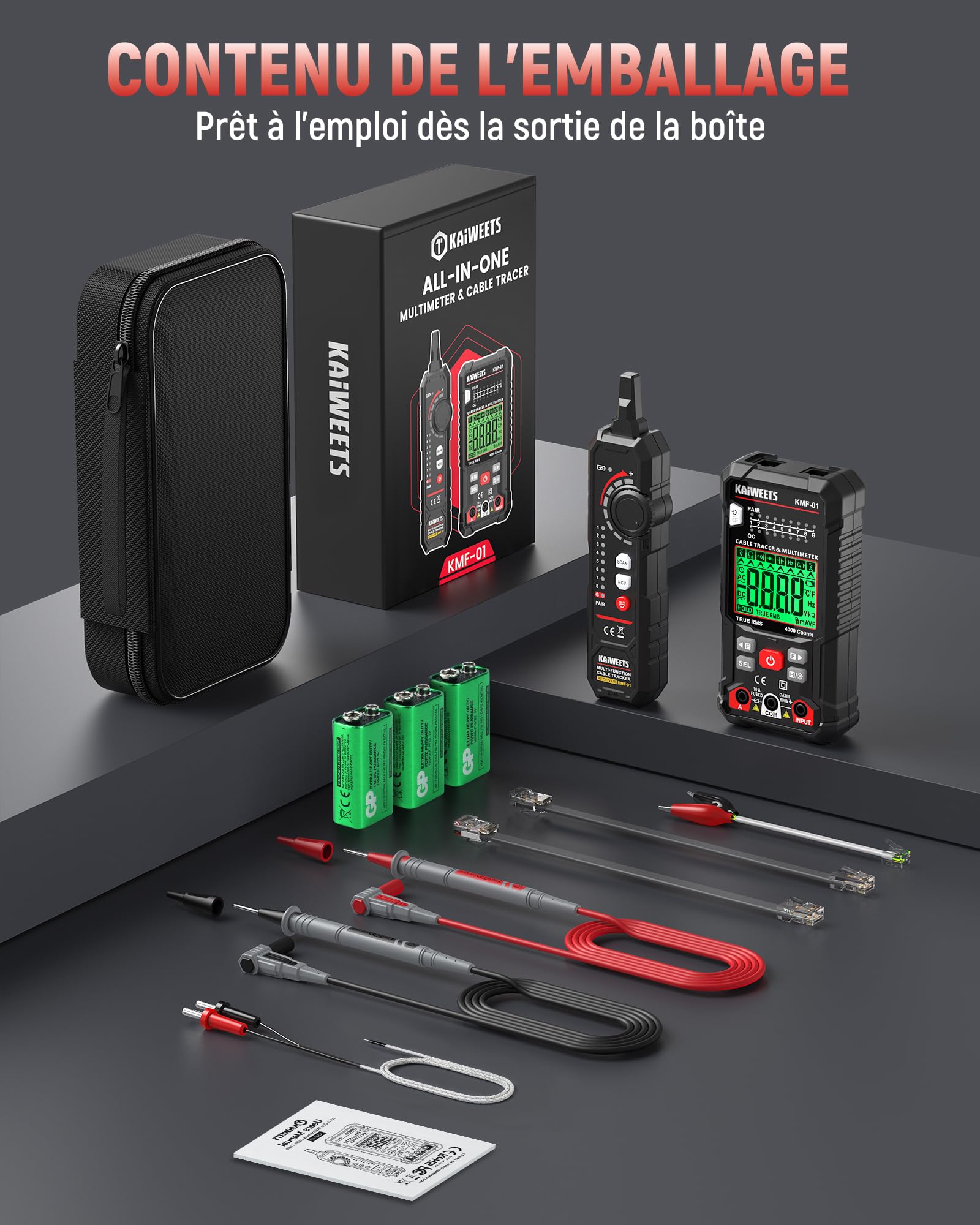 KAIWEETS Multimètre Numérique & Détecteur de Câbles 3-en-1, Multimètre Digital Automatique de Valeur Efficace Vraie 4000 Comptes, Testeur de Câbles RJ45/RJ11 et NCV pour Electriciens, Bricoleurs, Etc