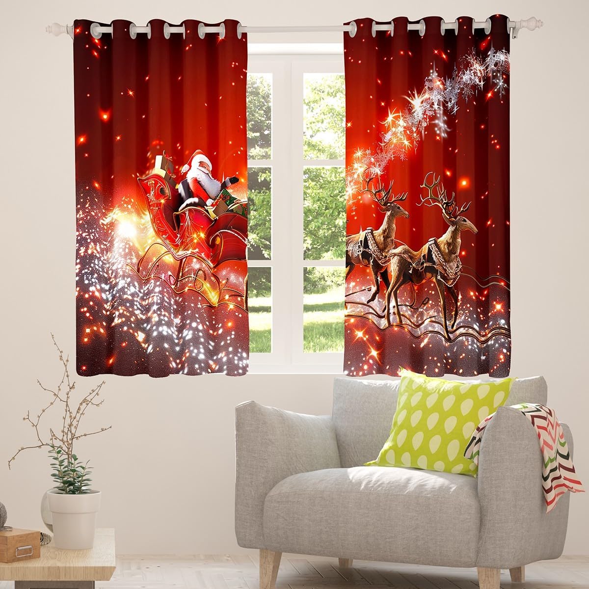 Santa Claus Window Curtains,Sled Car Curtain,Merry Christmas Window Drapes for Kid Teens Boys Young Man,Modern Bedroom Decorative,Red New Year Curtain,104Wx63L