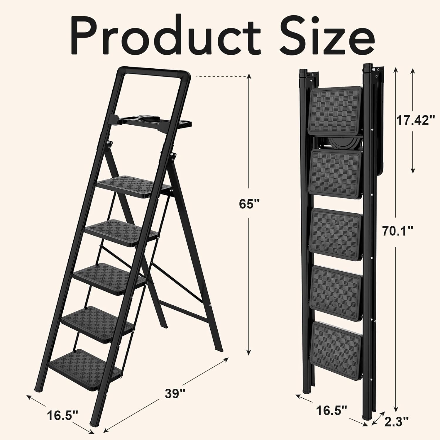 HBTower Step Ladder, 5 Step Ladder Folding Step Stool with Tool Platform,600 lbs Portable Sturdy Steel Ladder for Adults Home Outdoor Kitchen Garage,Black - Image 3