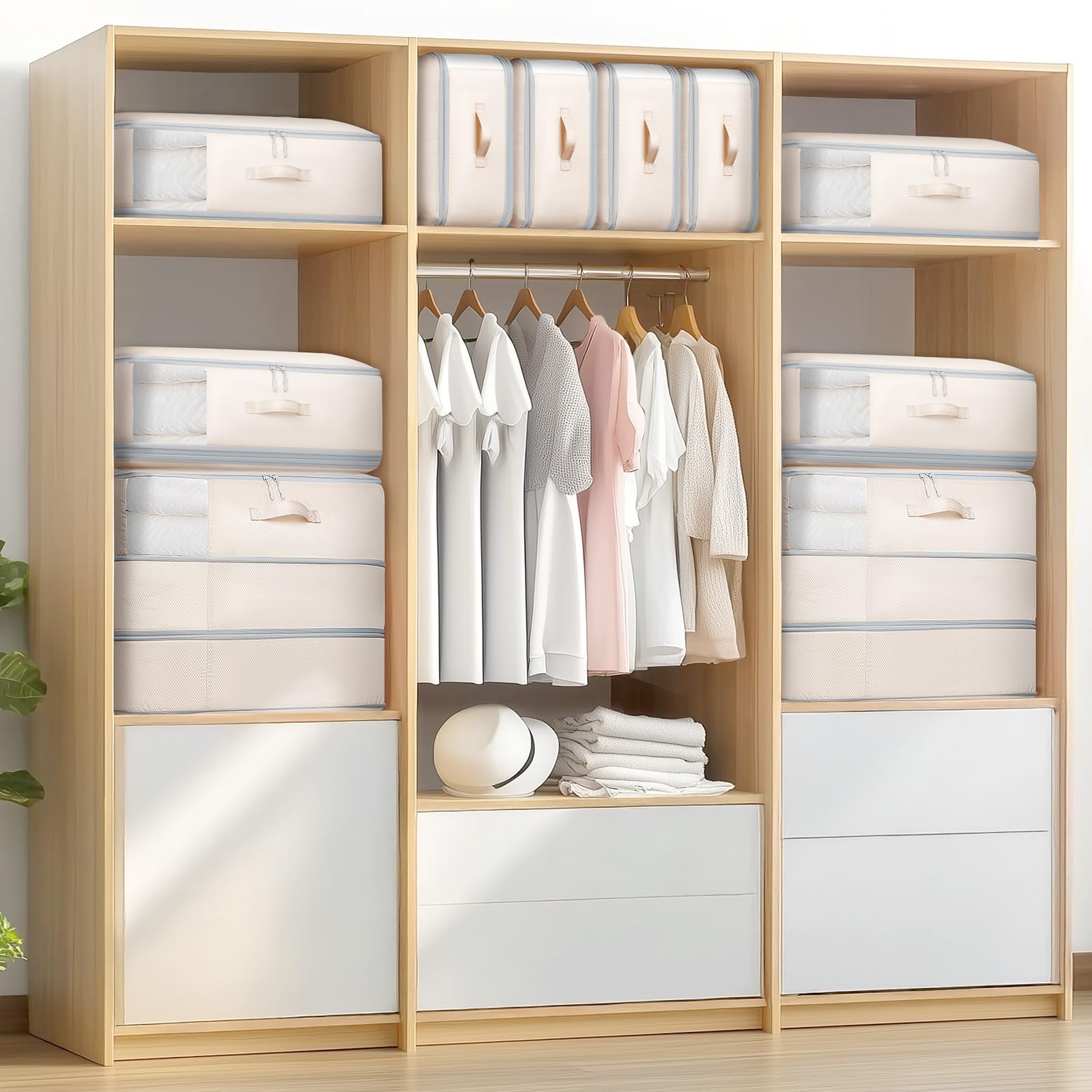 Homsorout Lot de 6 sacs de rangement à compression – Sac de rangement de grande capacité de 110 L, 3 couches, lavables, ultra économiseur d'espace, sacs pour couvertures, pulls, draps, beige