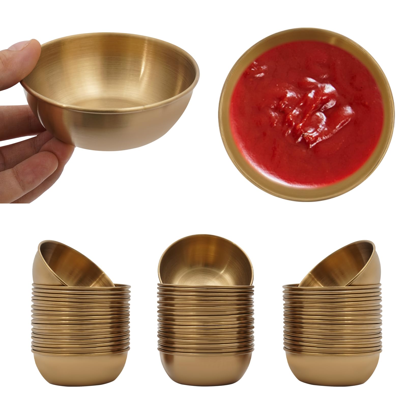 50 Stück Edelstahl Saucenschälchen Saucenbecher, 100ml Mini-Gewürzschälchen Ø 8cm Kleine Schalen Metall Dip Schälchen Dipbecher Portionsbecher für Saucen, Dressings, Senf (Gold)