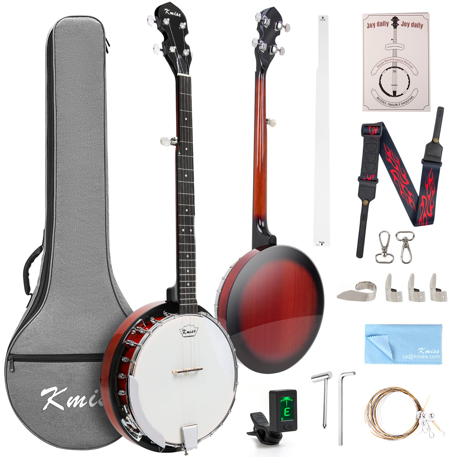 kmise banjo 5 string banjosprofessional full size 38 inch open or closed back with resonator bridge strings pack finger picks strap case tuner accessories set gift choice for adults beginner