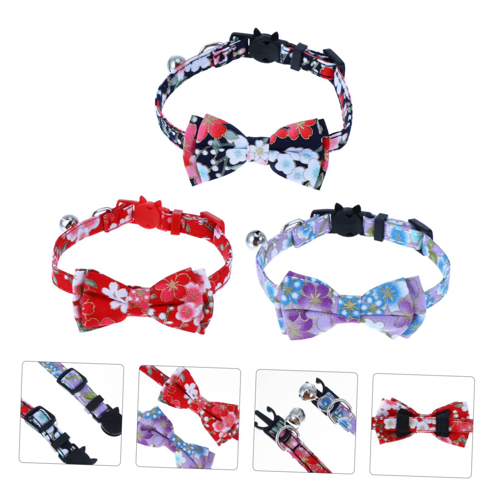 Sosoport 2 Sets Verstellbares Katzenhalsband mit Glöckchen Fliege Halskette Blumenmotiv für Entzückende Haustiere 3 Stück