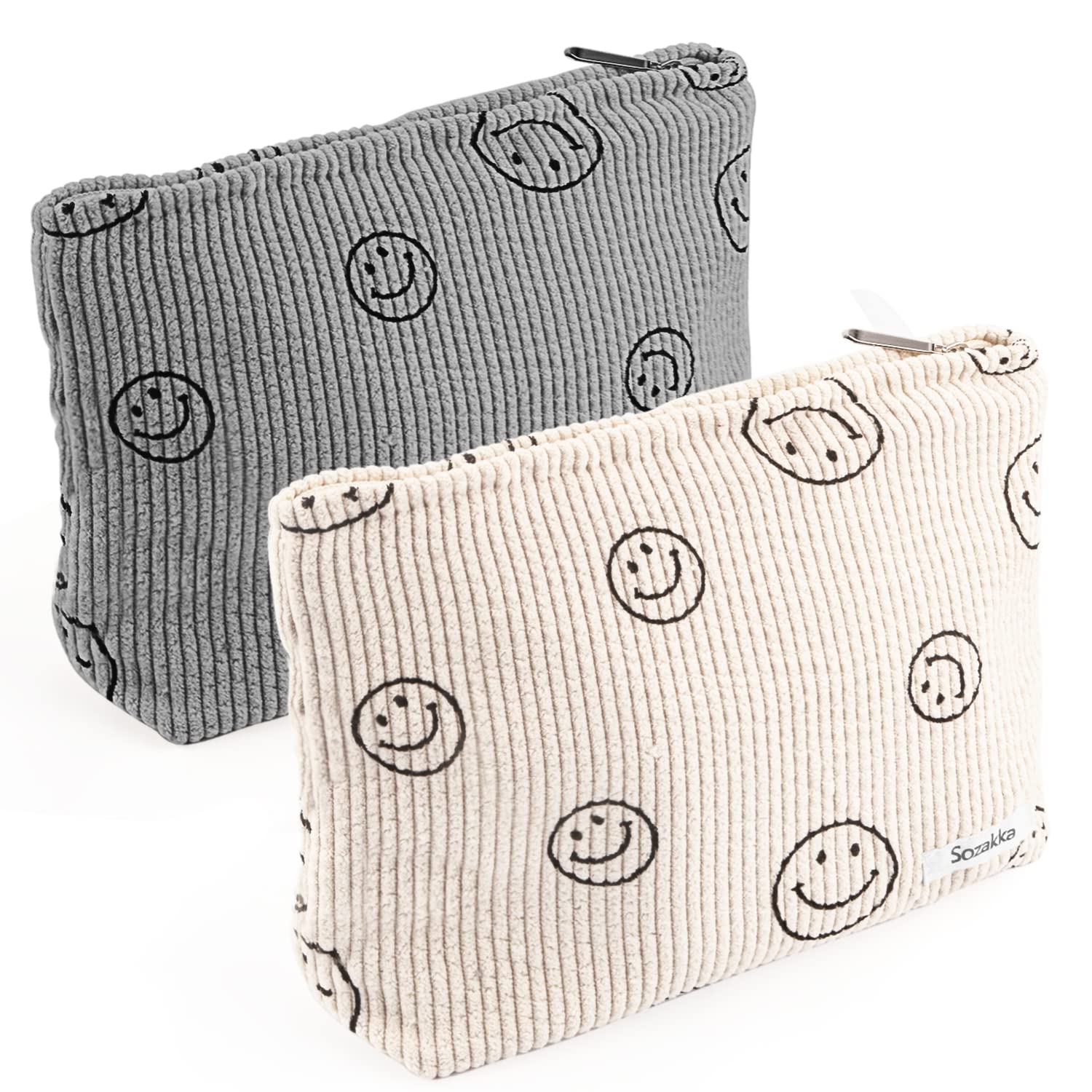 WitBicg 2 PCS Bolsa de cosméticos de pana para mujer, organizador de maquillaje, bolso de mano con sonrisa, estuche de lápices para niñas con cremallera, maquillaje de viaje (beige + gris)