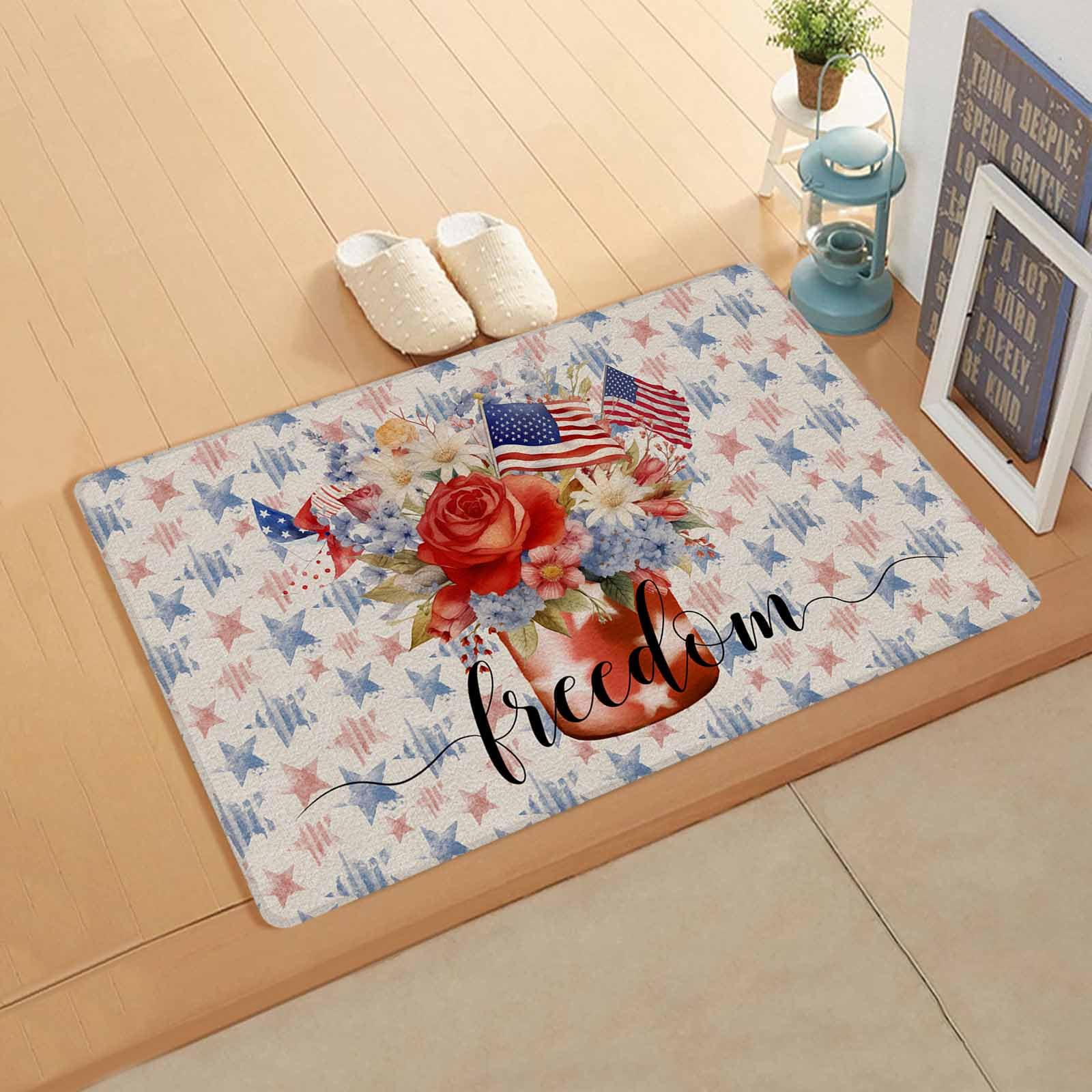 Independence Day Antifatigue Kitchen Bath Door Mat Cushioned Runner Rug,Washable Welcome Floor Sink Mat,Waterproof & Non-Slip Kitchen Standing Doormat,Patriotic Memorial Stars Floral Farmhouse 18