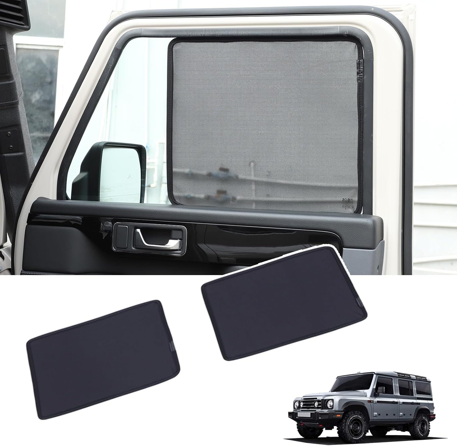 Car Side Window Sunshade Compatible with INEOS Grenadier 2020-2024 2025+, Breathable Privacy Blackout Car Seat Camping Super Stretchy Mesh Window Cover (Front)