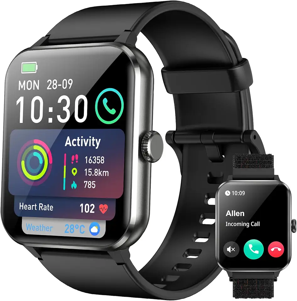 Smartwatch,Relógio Inteligente para Homens e Mulheres, 1.85“ Tela HD Touch, 100+ Modos Esportivos, Chamadas Bluetooth,Assistente de Voz, Compatível com iOS/Android,Inclui 2 Pulseiras,Preto