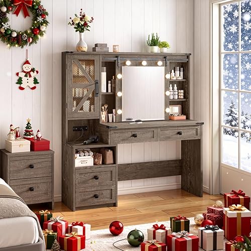 EnHomee Escritorio de tocador de 48 pulgadas de ancho con espejo deslizante y luces, tocador de maquillaje de granja con 4 cajones y 2 gabinetes, 3