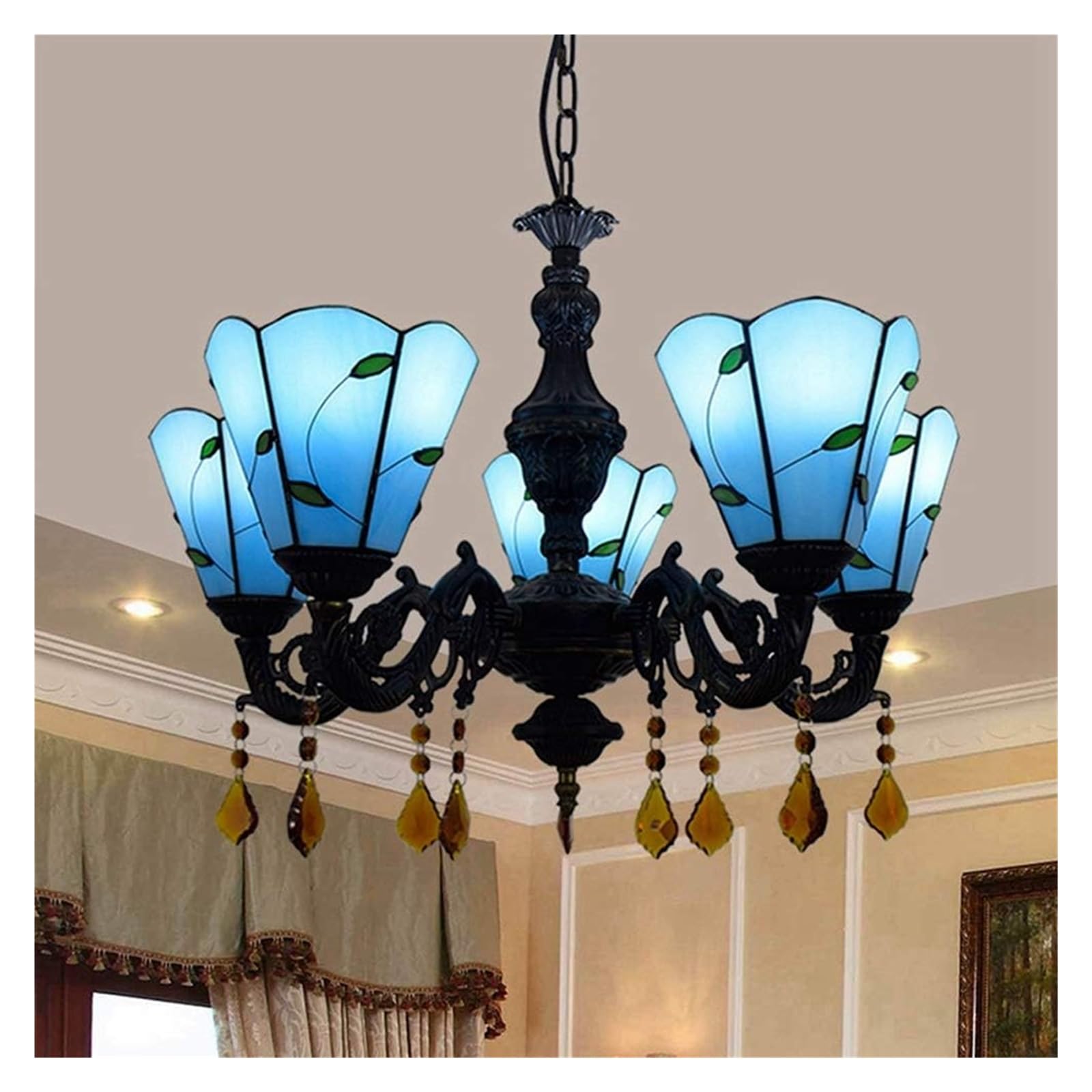 Lampa sufitowa, lampa wisząca, 24" Tiffany, 5-głowicowy żyrandol, lampa wisząca w stylu retro, śródziemnomorski niebieski, lampa wisząca, barwiony na niebiesko