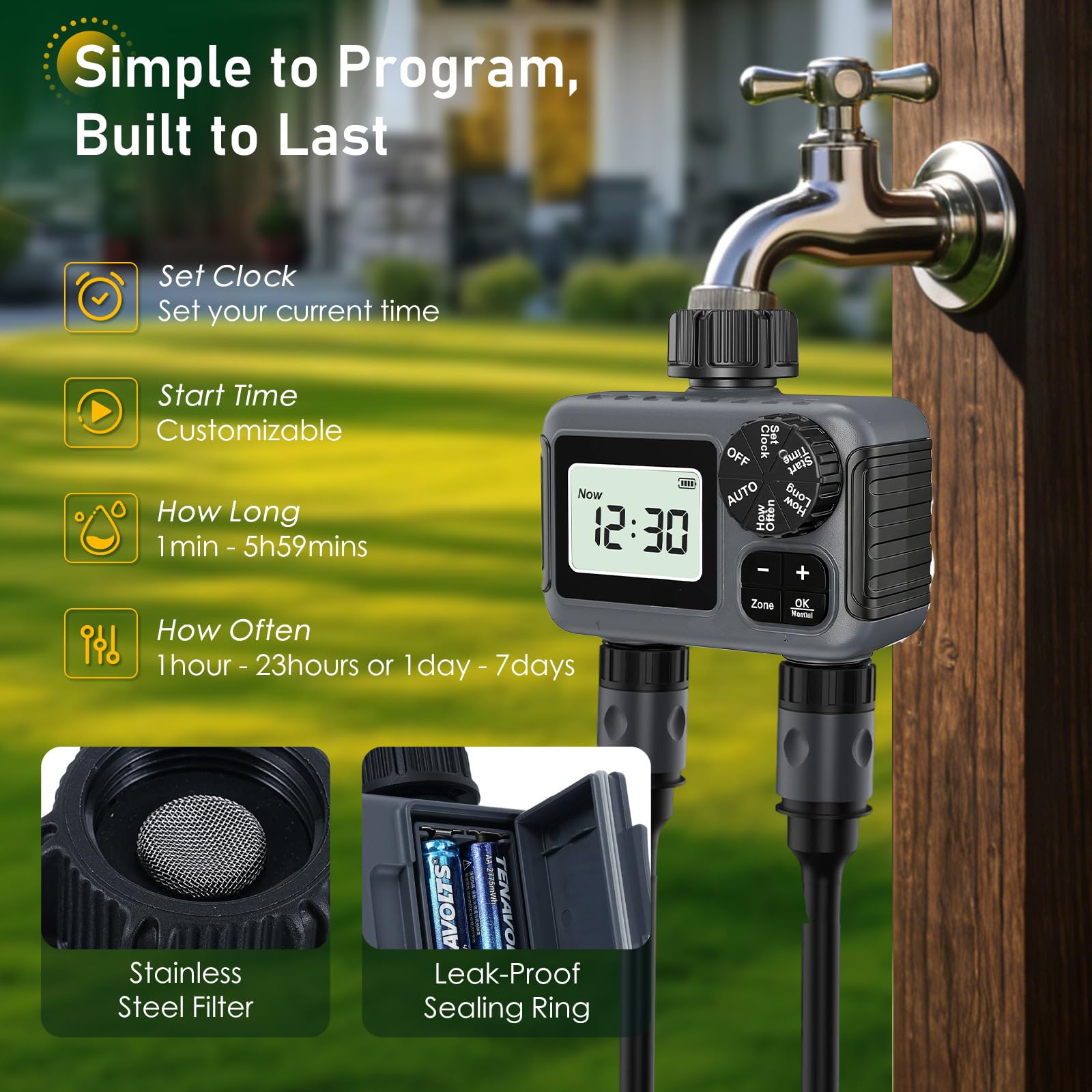 Temporizador de Riego 2 Salidas, Programador de Riego Automático con Retraso por Lluvia/Bloqueo para Niños/Riego Manual, Temporizadores de Mangueras de Jardín para Césped, IPX5 a Prueba de Agua
