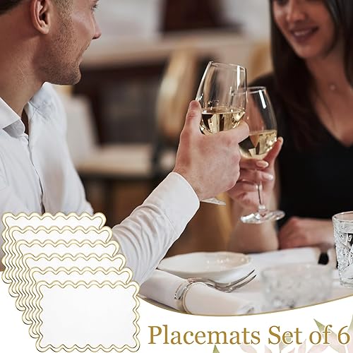 Miniatura 6 de Juego de 6 manteles individuales de algodón y lino, 13 x 19 pulgadas, manteles individuales bordados ondulados festoneados, de doble capa, lavables,