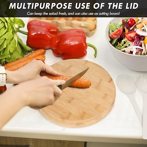 Miniatura 5 de ShineMe Juego de ensaladeras grandes de 9.8 pulgadas con tapa, cuenco de bambú para servir ensalada con 4 cuencos pequeños y servidores (tenedor y