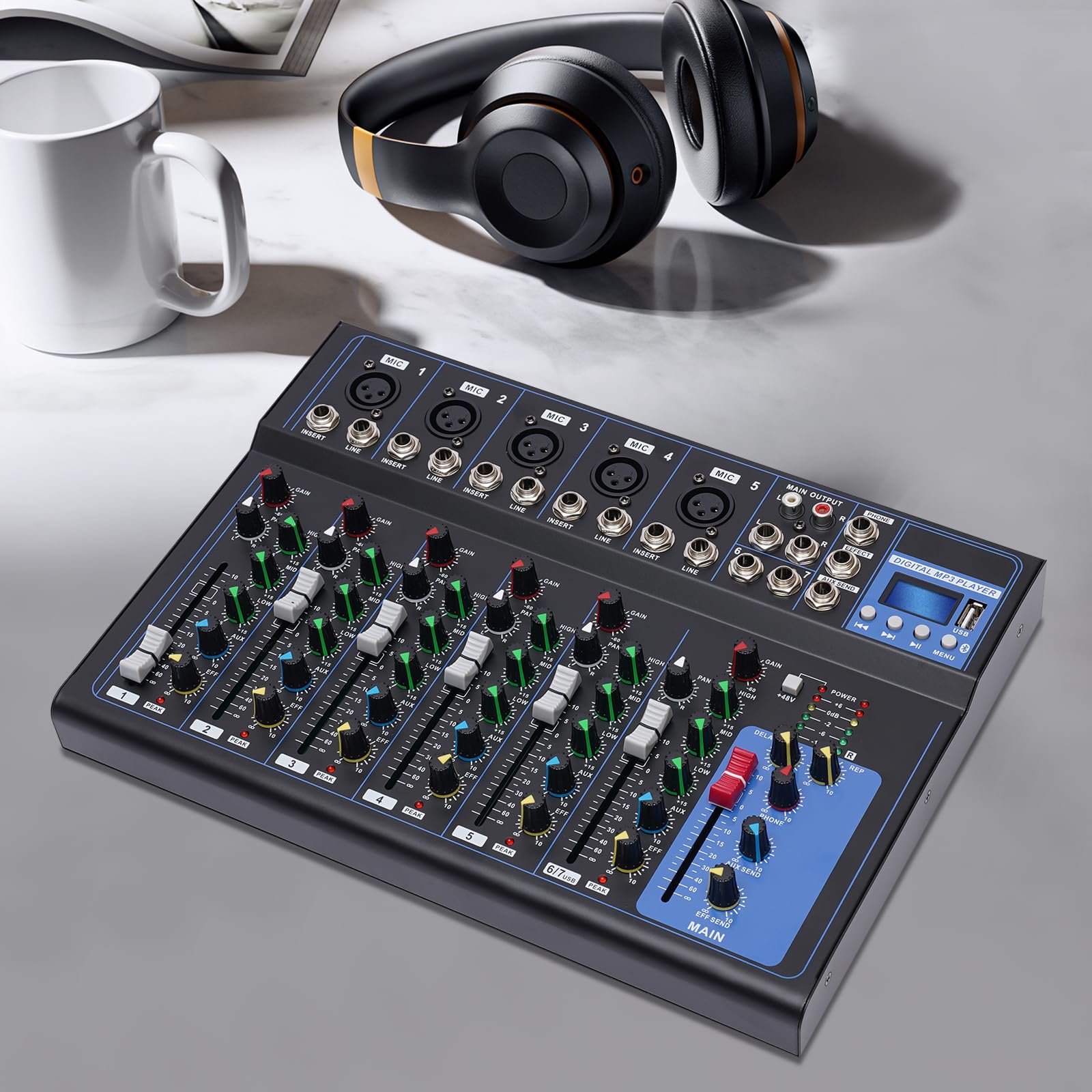 Consola de mezclas de audio de 7 canales, amplificador USB DJ Live Mixer Studio Bluetooth para reuniones familiares, karaoke, actividades de DJ, espectáculos de banda, actividades en campus, estudios