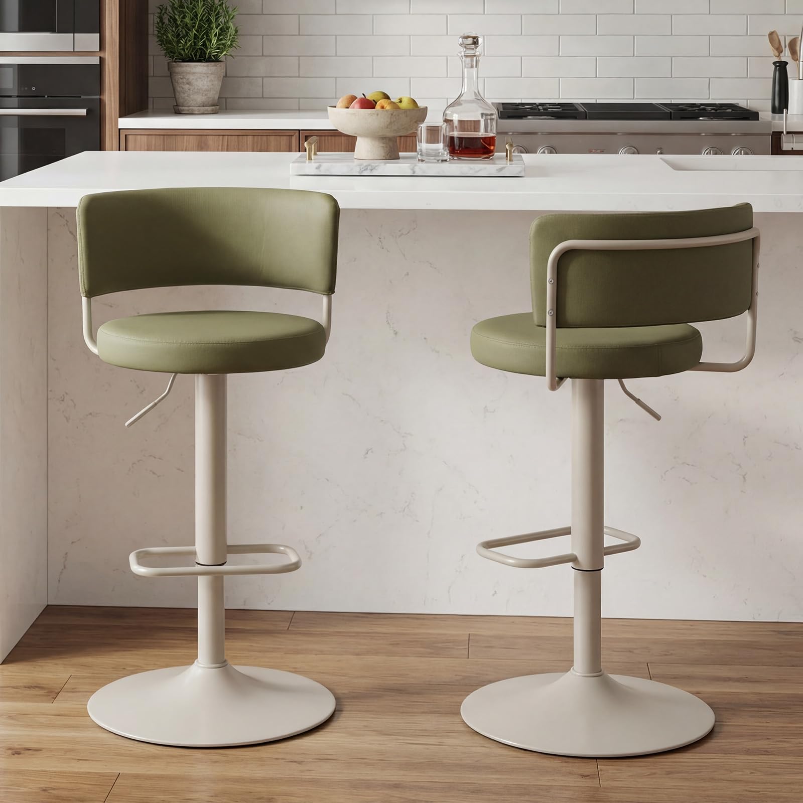 Ya-Home Set of 2 PU Leather Swivel Height Adjustable Kitchen Stools High Chairs with Goal Base and Backrest, Bar Stools for Island Kitchen/Bar/Bistro, Green