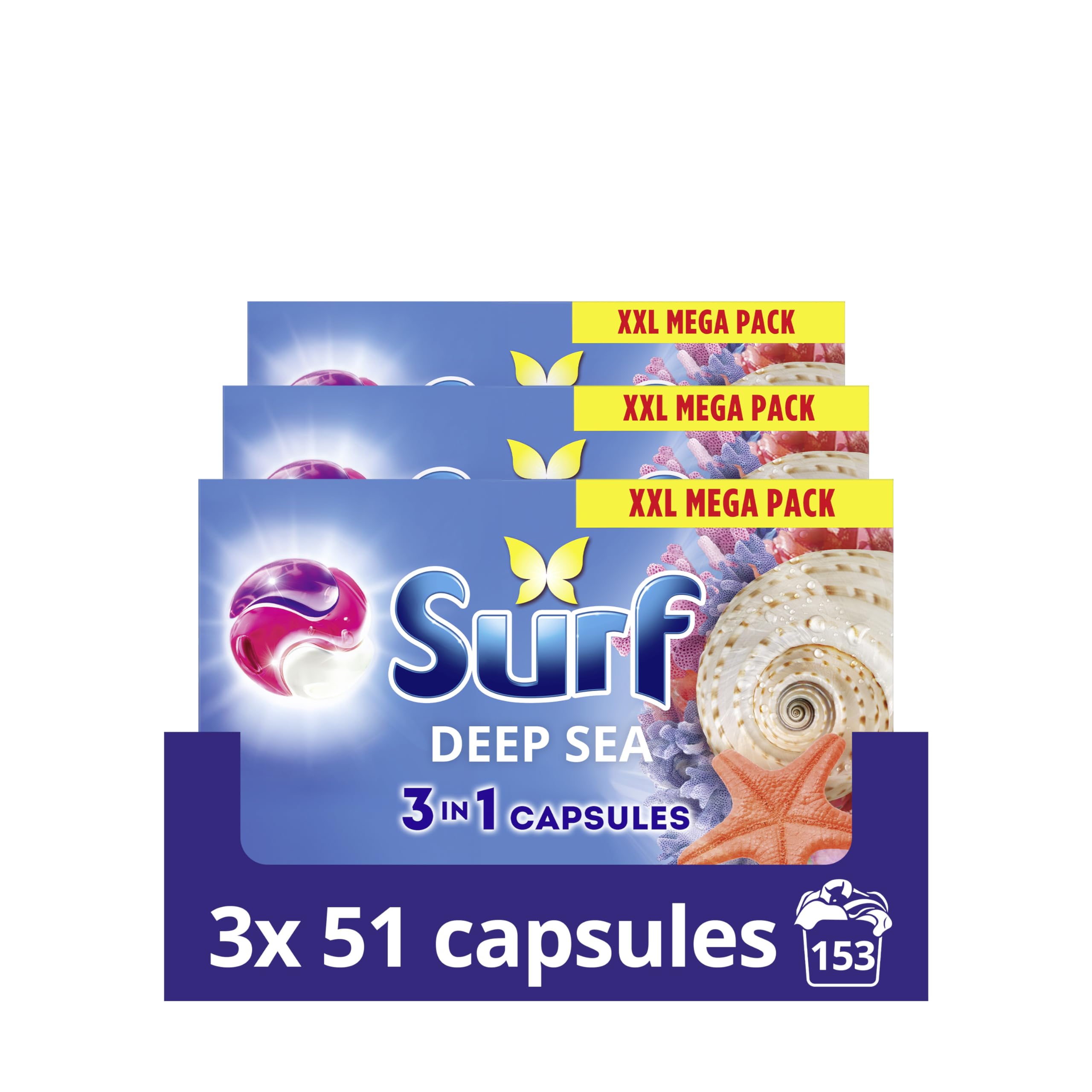 Surf 3 in 1 Deep Sea Laundry Washing Detergent Capsules joy-infused fragrance with natural essential oils lasting up to 12 hours in wear for brilliantly clean results 153 washes (3x 51 capsules)