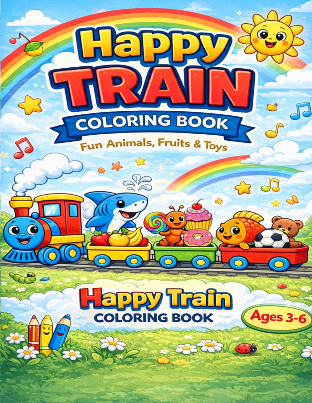Happy Train Coloring Book: Fun Animals, Fruits, Toys & More for Kids Ages 3-6