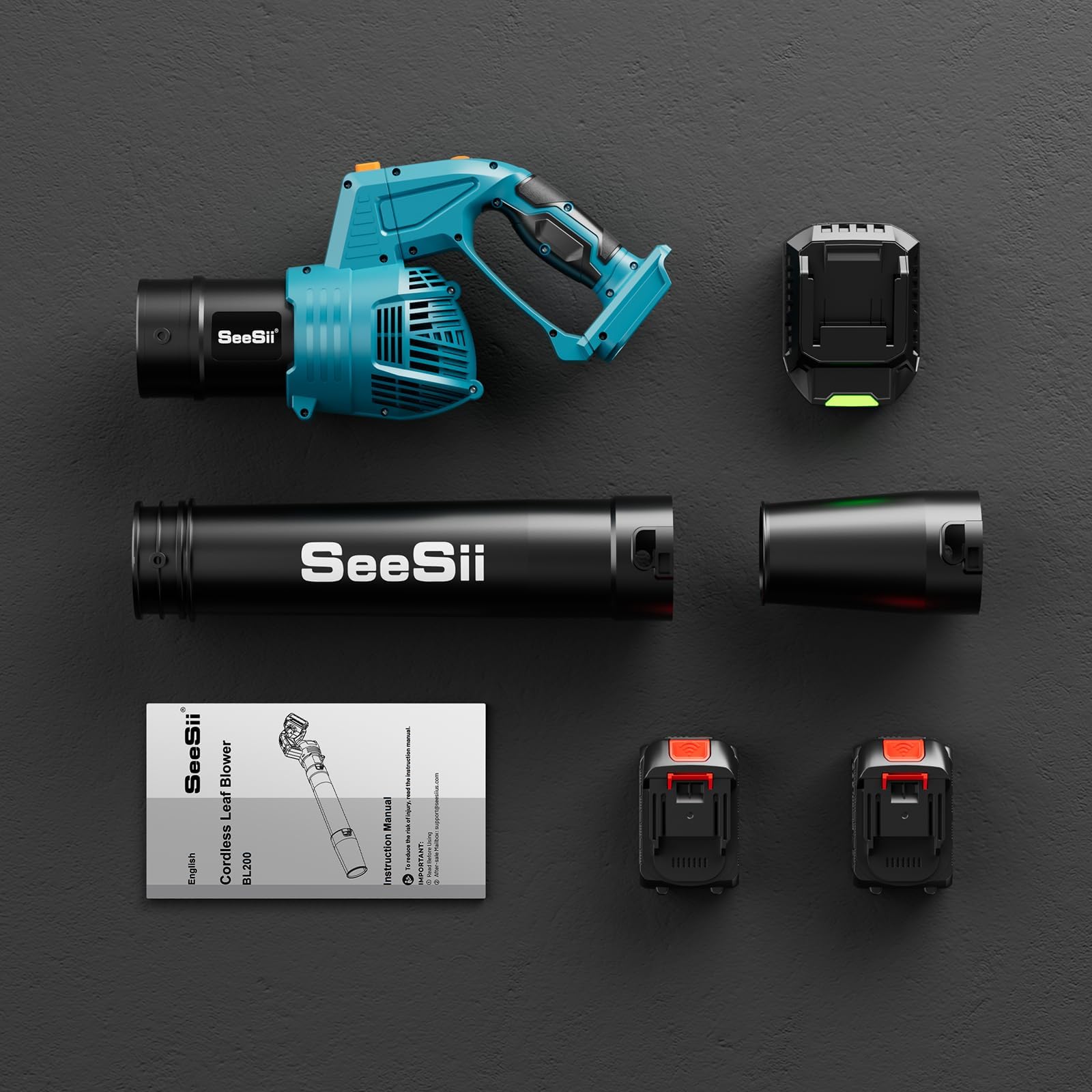 SEESII Souffleur à feuilles sans fil avec 2 batteries de 4,0 Ah et chargeur, 5 niveaux de rotation, souffleur électrique d'extérieur pour jardinage, nettoyage des feuilles, léger pour cour, terrasse