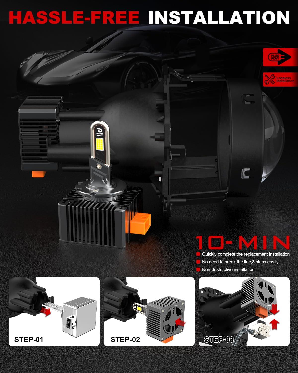 D3S LED Lampadina, per Auto a Prova di Errore Canbus 38000LM 110W Auto D3S Xenon Kit, 6500K Lampadine Per Fari, Sostituisci Lampadine Allo Xeno HID OEM Plug and Play - 2 Lampade