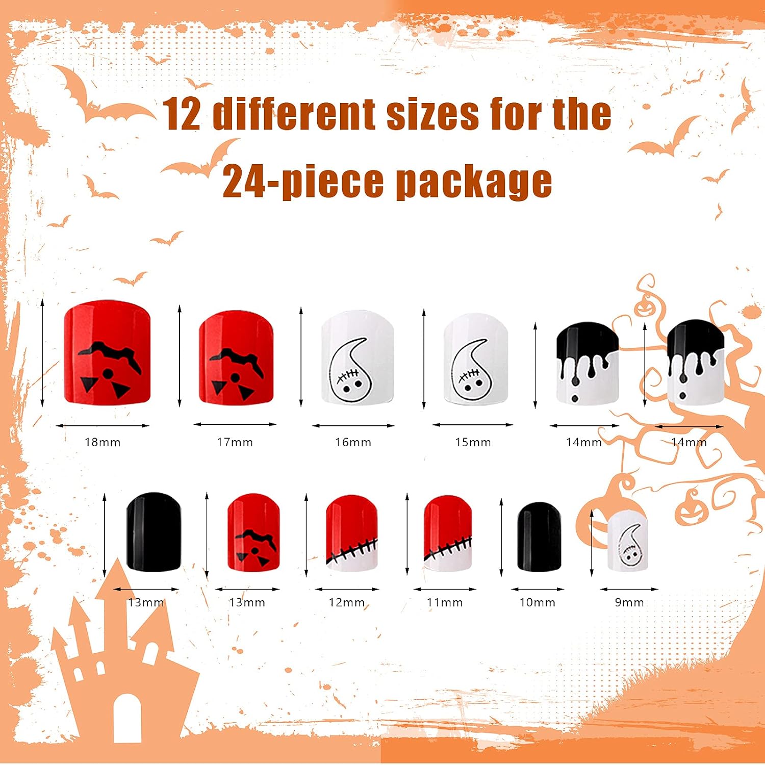 288 Pieces 12 Sets Halloween Fake Nails Short Square False Nails Glossy Acrylic Artificial Nails Solid Color Full Cover Artificial Nail Tips Pumpkin Spider Pattern Fake Nails (Simple Style)