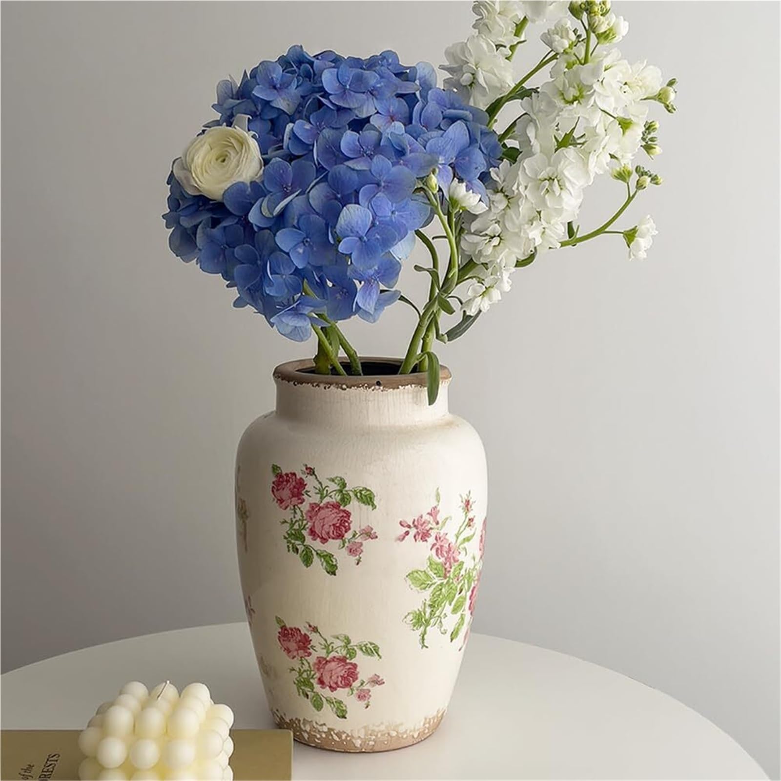 Jarrones para Flores Florero de cerámica Azul y Blanco- Chinoiserie rústico for la decoración Sala Estar Centros de Mesa(A)