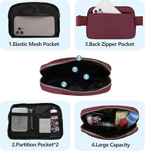 Miniatura 3 de Riñonera cruzada para mujeres y hombres, bolsa de cinturón de regalo para mujeres con correa ajustable para deportes, Rojo vino, 1 paquete de