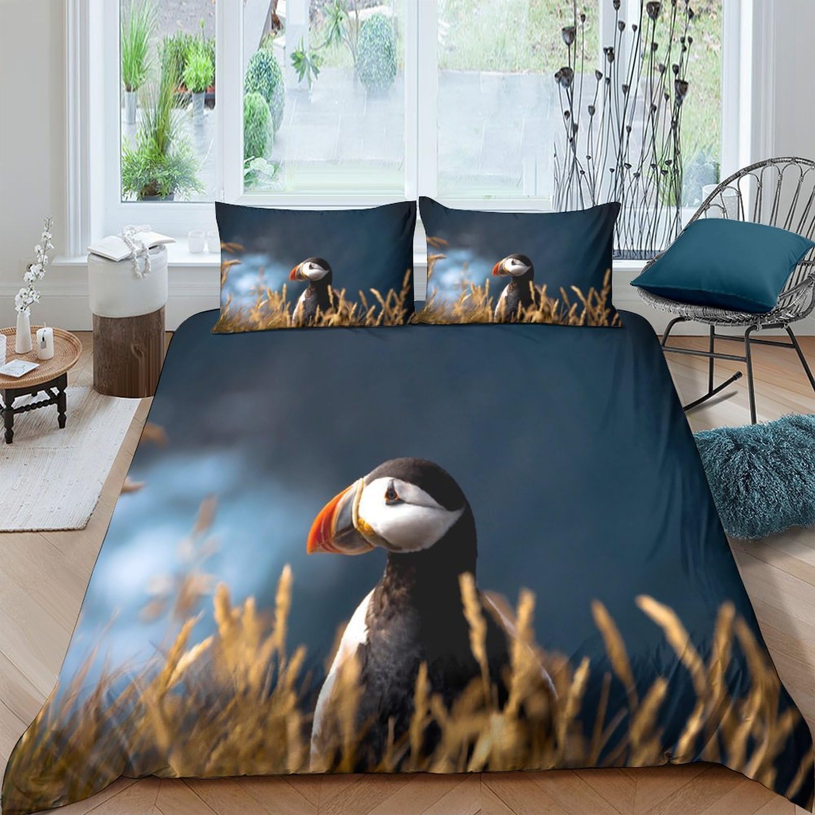 Ctjqhvkz Style-3 3D Printed Puffin Meadow Fitted Sheet Microfiber Soft Breathable Seaside Bird Mattress Cover For Bedroom Decor Single（135X200cm）