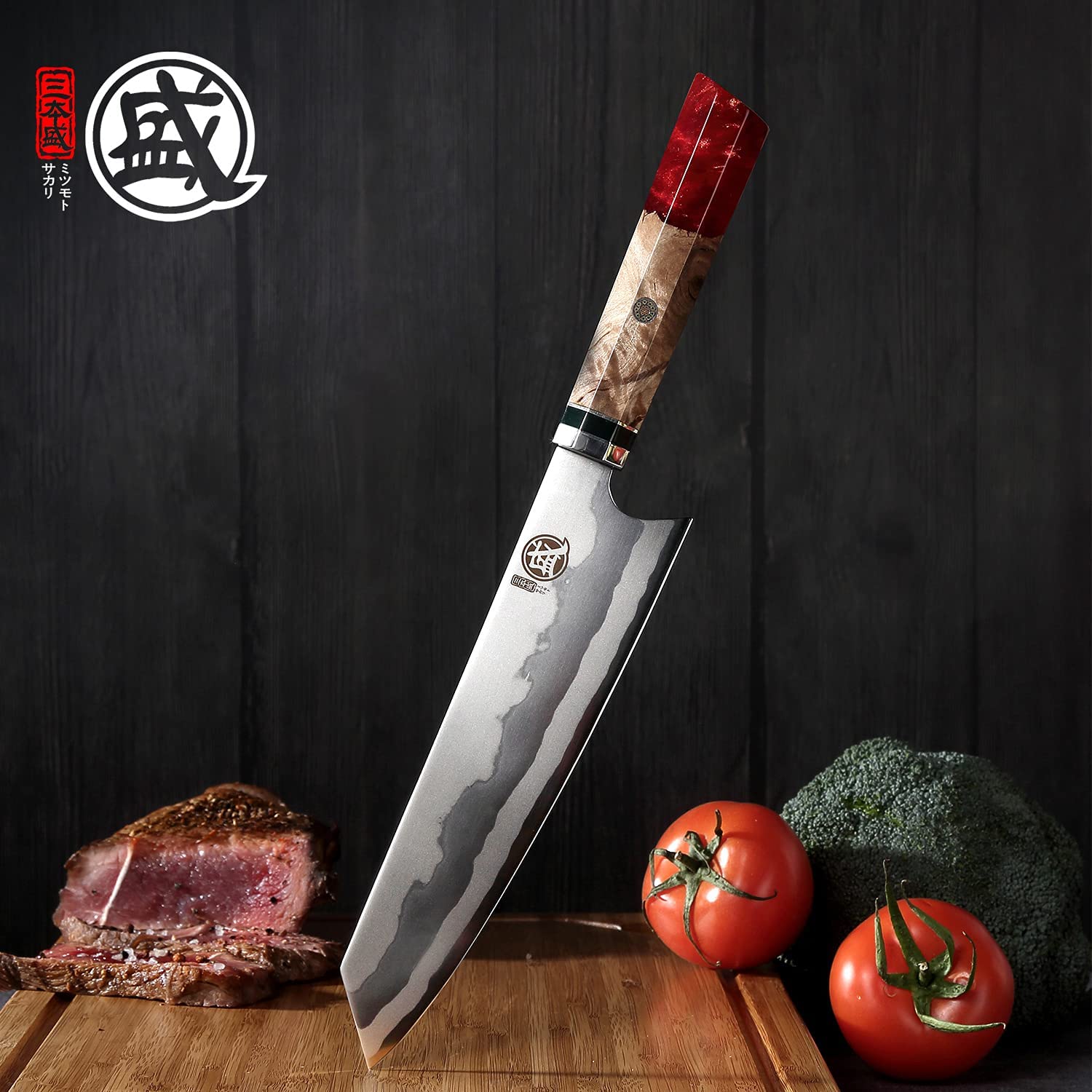 MITSUMOTO SAKARI 21CM Couteaux de Cuisine Professionnels, Couteau Japonais en Damas à 7 Couches, Couteau Cuisine Kiritsuke Forgié à la Main (Manche en Grenade Rouge et Boutique Boîte en bois)