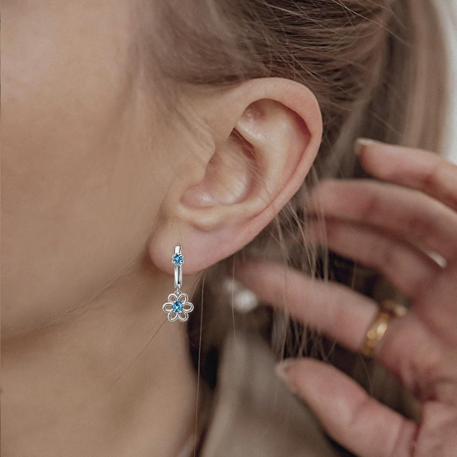 Blue CZ Daisy Hoop Earrings S925 Sterling Silver Flower Dangle huggie Earrings Dainty Hypoallergenic Floral Jewelry Gifts for Daughter Birthday Wedding - Image 4