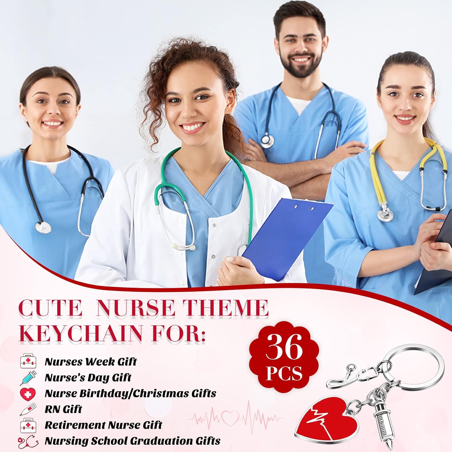 Yinkin 36 Pcs Nurse Keychains Bulk Nurses Week Gifts Keyrings with Red Heart Syringe Stethoscope Pendant Nurse Party Favors RN Thank You Gifts for Women Nurse Day Graduation Students - Image 6