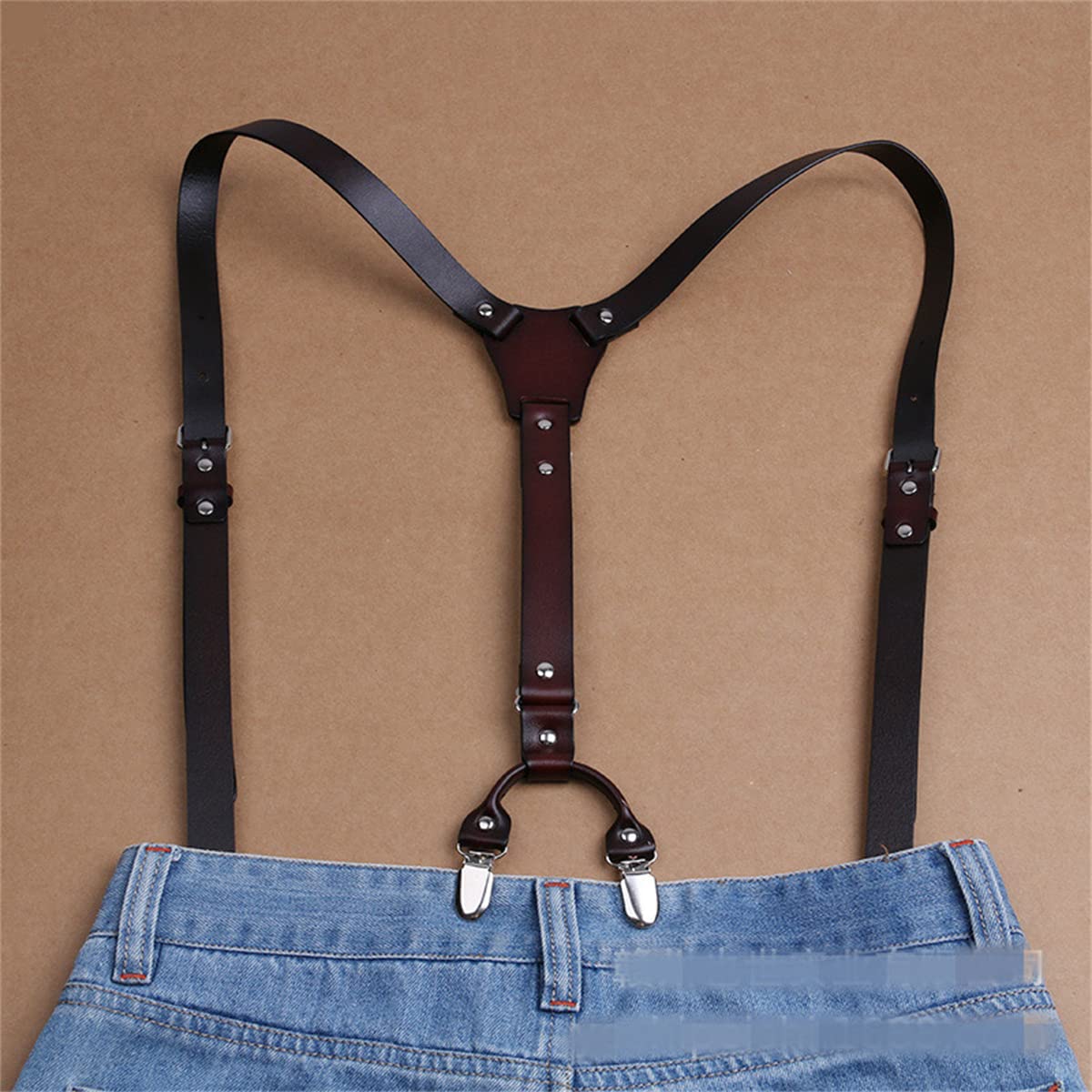Tirantes de Cuero para Hombre, diseño en Forma de Y, Tirantes Ajustables con 4 Clips de Metal, para Padrinos de Boda, Tirantes Resistentes para Pantalones