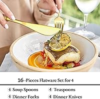 Vista 4 de Juego de cubiertos para 4, 16 piezas, acero inoxidable de grado alimenticio, juego de cubiertos dorados martillados para el hogar, cocina