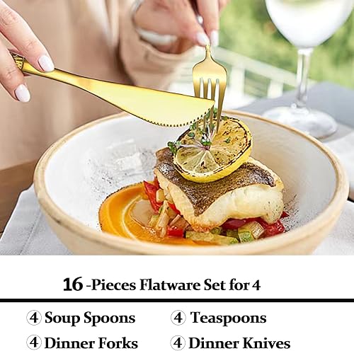 Miniatura 4 de Juego de cubiertos para 4, 16 piezas, acero inoxidable de grado alimenticio, juego de cubiertos dorados martillados para el hogar, cocina,