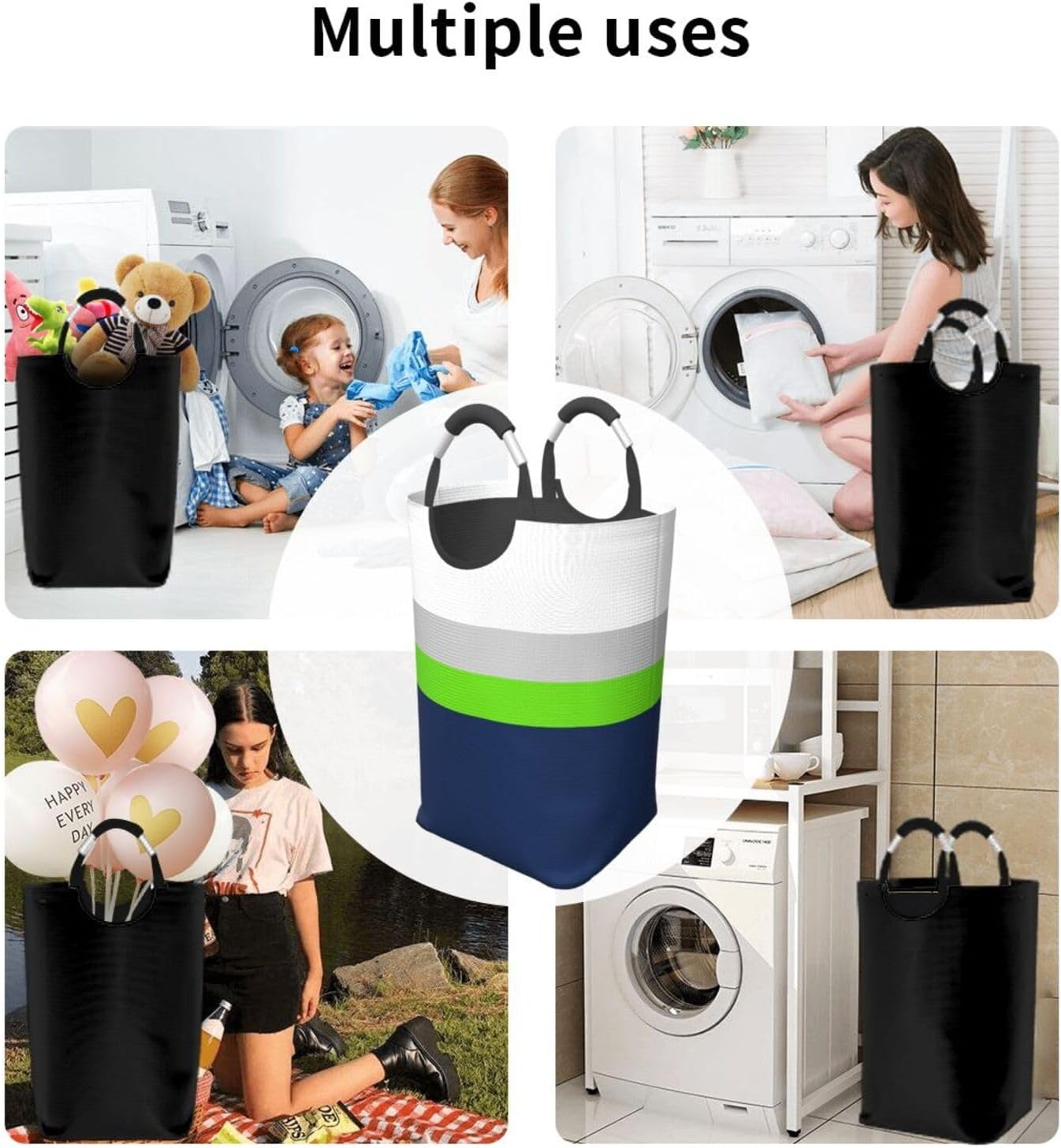 Large Laundry Basket, Navy, Gray, Lime Green Stripes Laundry Hamper Bag Collapsible Washing Bin With Handles for College Dorm, Family Essentials Storage