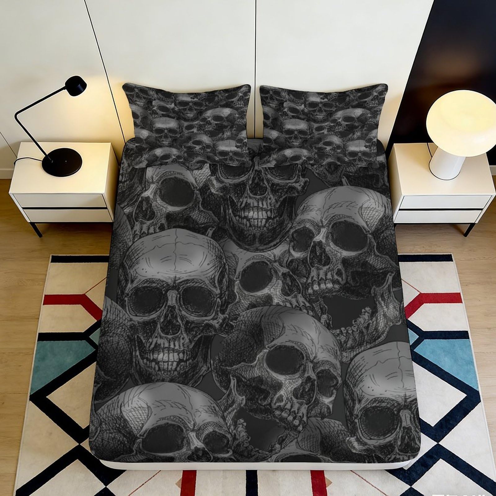 3D Printed Gothic Skull Fitted Sheet Microfiber Soft Black Skeleton Mattress Cover for Bedroom Guest Room Decor 90x200x25cm