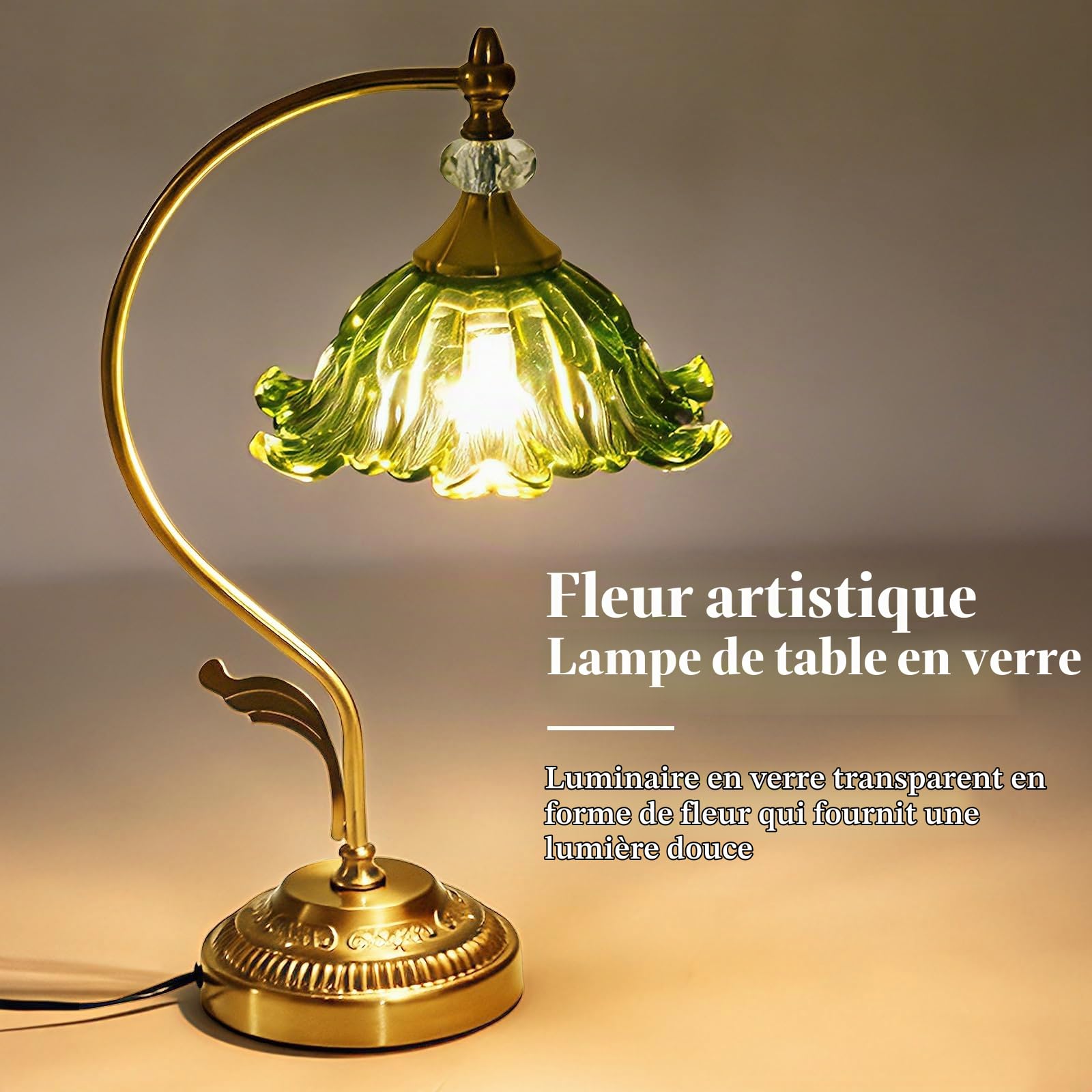 Lampe de table en verre, lampe de table dorée, lampe de chevet vintage en forme de fleur, lampes de table pour chambre à coucher, salon, bureau à domicile (vert)