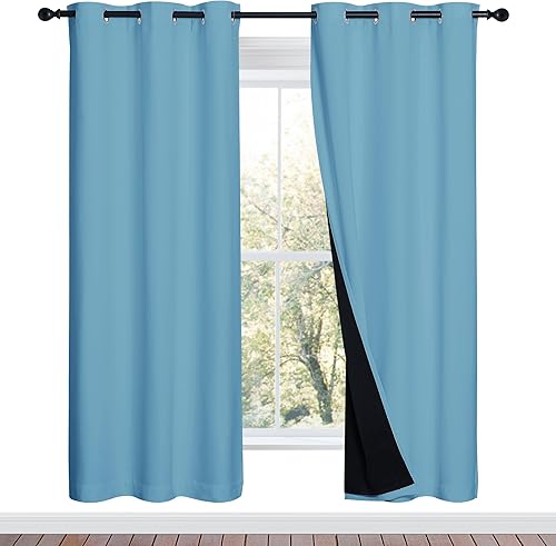 NICETOWN Teal Blue Full Shade Curtain Panels, 37" Wide x 70" Long, Teal Blue, Pair of Thermal Insulated & Energy Efficiency Blackout Drapes for Living Room, Lined Silky Performance Window Dressing